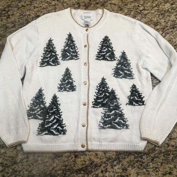Christopher & Banks Sweaters - Christopher & Banks Christmas Tree Cardigan Sweater Womens L Cream Gold Beaded